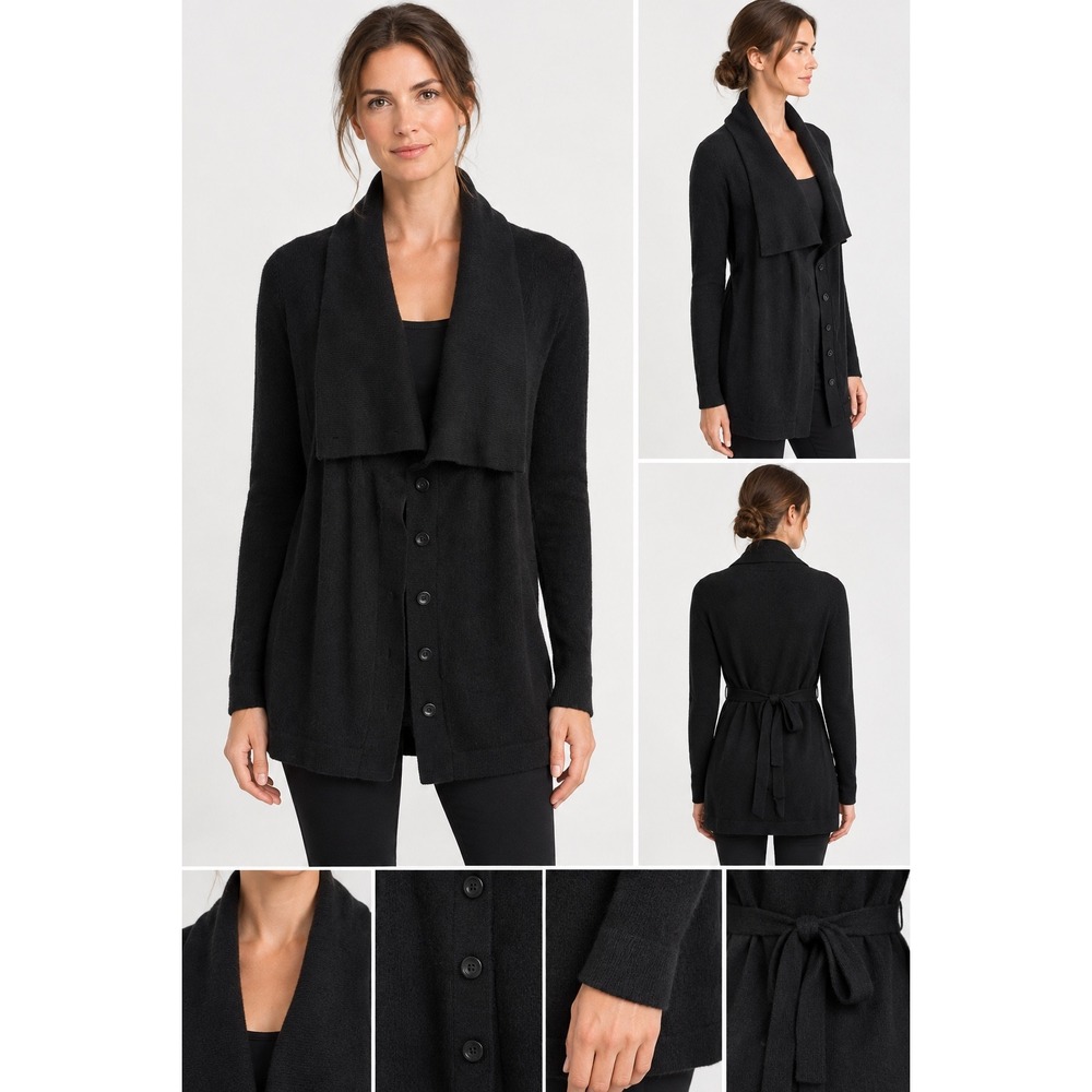 NWT Vince Cashmere Drape Cardigan in Black Wool Blend Tie Waist V089371904
